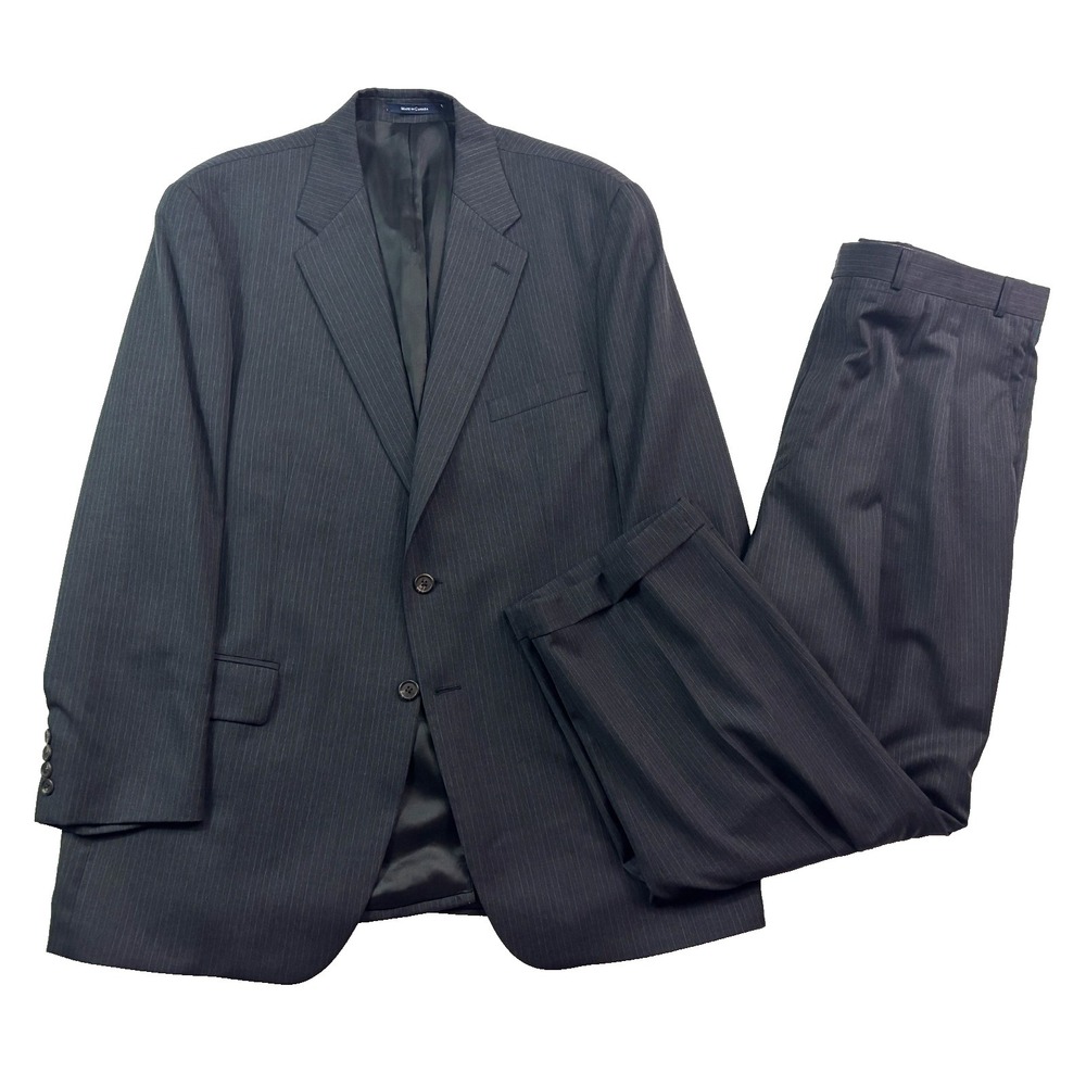 vtg Chaps Ralph Lauren 48L 40x30 Charcoal Pinstripe 2pc Pant Suit Pleated Cuffed
